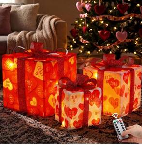 lot 3023 image: Aurelema Set of 3 Valentines Lighted Gift Boxes Red Pink Heart Light Up Presents with Remote Control Valentines Day Gift Boxes Decor for Indoor Outdoor Holiday Decoration, Batteries Not Included