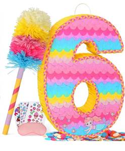 lot 3045 image: Number 6 Pinata for Birthday Party Decorations, Unicorn Mermaid Theme Pink Pinata Games Toy (6th)
