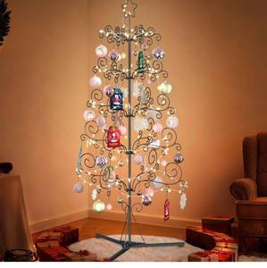 lot 3066 image: Metal Christmas Tree - 6.2ft Wrought Iron Christmas Tree, Decorative Display Tree with 57 Balls &amp 32.8ft LED Lights for Home, Office and Party Decor-Black