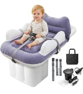 lot 3150 image: Inflatable Toddler Airplane Bed, Seat Extender for Kids with Cup Holder, Adjustable Dual-Chamber Design, Portable Travel Bed with Hand Pump & Carry Bag, Fits Most Economy Rows (Use Per Airline Policy)