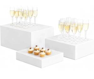 lot 3151 image: Liengoron 3Pcs White Buffet Risers 10 12 14 Acrylic Food Risers Display Stands Catering Supplies Buffet Display with Hollow Bottom
