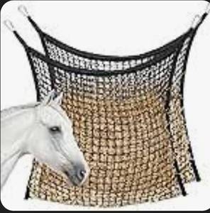 lot 3156 image: MKO SHUN 2 PCS Slow Feed Hay Net for Horses, Large Capacity Hay Bags for Horses Goats Sheep Donkey Trailer Full Day Feeding, Easy to Fill and Hang, Black, 35 x 31 Inch