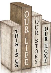lot 3164 image: Lineshading 4 Pcs Farmhouse Table Decor Wooden Rustic Our Home Our Story Life Table Centerpiece Farmhouse Book Stack Block Sign for Tabletop Shelf Tiered Tray Desk Living Room Fireplace Home
