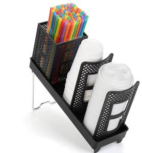 lot 3175 image: Honlibey Coffee Cup Dispenser with Straws Holder, Plastic Coffee Cup and Lid Holder, 5-20oz Disposable Paper Cups Organizer for Countertop, Station, Bar, Office, Restaurant, Breakroom(3 Compartments)