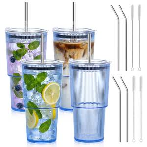 lot 3190 image: 4 Pcs 20oz Acrylic Ribbed Tumblers with Lid and Straws Blue Plastic Reusable Iced Coffee Cups with Lid Unbreakable Vintage Ribbed Drinking Glasses Tumbler for Juice Smoothie Beverage with Clean Brush