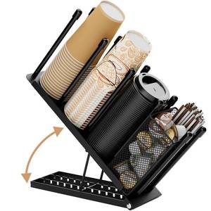 lot 3194 image: OVICAR Cup and Lid Holder - Adjustable Coffee Cup Holder Organizer 4 Compartment Disposable Cup Dispenser with Coffee Pod Straw Storage Basket for Coffee Station Bar Countertop Breakroom Metal Black