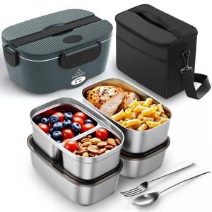 lot 3203 image: ESOHOT Heated Lunch Box,120W Electric Lunch Box for Adults with 1.5L 304 Stainless Steel Container, 12V24V110V Lonchera El�ctrica Port�til for Travel,Work,Car,Truck (Charcoal Grey, 1.5L x 4)