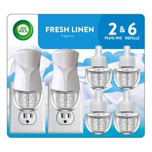 lot 3209 image: Air Wick Plug in Scented Oil Starter Kit, 2 Warmers  6 Refills, Fresh Linen, Same Familiar Smell of Fresh Laundry, Eco Friendly, Essential Oils, Air Freshener