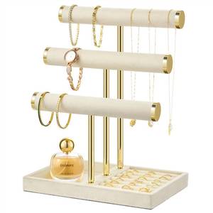 lot 3210 image: 3 Tier Bracelet Holder Display - Detachable T Bar Beige Velvet Bracelet Holder, Jewelry Holder Organizer for Bracelet, Necklace, Earrings, Rings