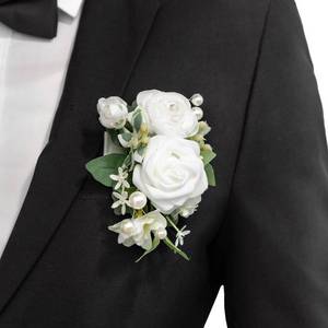 lot 3222 image: Lings moment Pocket Boutonniere Single, Boutonniere for Men Groom for Wedding, Prom, Homecoming, Anniversary, Graduation, etc.White Ranunculus Ivory, 6 W x 5 H