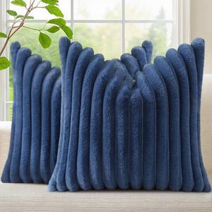 lot 3240 image: decorUhome Cozy Faux Fur Throw Pillow Covers 18x18 Set of 2 Decorative Soft Plush Striped Modern Farmhouse Boho Couch Pillow Cases with Velvet Back for Sofa Bed Living Room, Blue