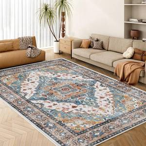 lot 3243 image: YLAREE 5x7 Area Rugs for Living Room Washable Rug Indoor Non-Slip Low Pile Large Carpet Boho Chic Floral Print Rug for Bedroom Kitchen Dining Room Office (Blue & Brown)