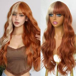 lot 3259 image: QD-Tizer Blonde and Copper Split Synthetic Hair Wig with Bangs Two Tone Hair Color Copper hair blonde highlights Long Wavy Curly Synthetic Wigs for Women Cosplay Party Wig Halloween Wigs