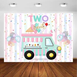 lot 3263 image: Avezano Ice Cream Birthday Backdrop for Two Sweet Birthday Party Decorations Two Sweet Ice Cream Truck 2nd Birthday Party Banner Cake Table Supplies Photography Background (7x5ft)