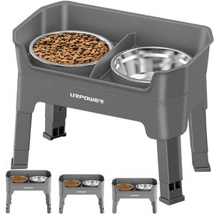 lot 3284 image: URPOWER 3-in-1 Elevated Dog Bowls - Mess Proof Double Deck 4 Height Adjustable Raised Stand with 2 Stainless Steel Food Bowls & Licking Plate for Small, Medium & Large Dogs
