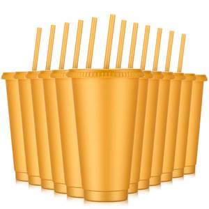 lot 3287 image: Amyhill 12 Pcs Reusable Glitter Cups with Lids and Straws 24 oz Plastic Tumbler Iced Coffee Cup Travel Mug for Smoothie Juice Sleepover Wedding Graduation Party Supplies Girl(Gold)