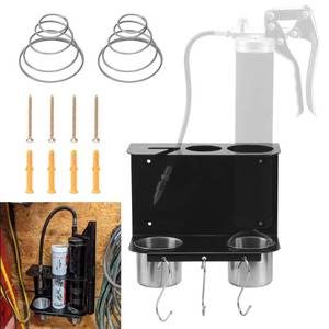 lot 3317 image: Grease Gun Holder Wall Mount Organizer with Stainless Steel Removable Drip Cups and Storage Hooks Heavy Duty Metal Rack for Workshop Shop Garage Fits Standard and Mini Grease Guns