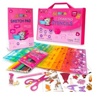 lot 3319 image: Mimtom Drawing Stencil Kit for Kids, 51 PC Art Set with 270 Shapes, Sketch Pad, and Colored Pencils for Childs DIY Arts and Crafts, Draw with Princess, Fairies and Animal Stencils, Pink