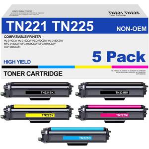 lot 3340 image: TN221 TN225 Toner Cartridge High Yield Replacement for Brother TN 221 TN 225 Compatible with MFC-9130CW HL-3170CDW HL-3140CW HL-3180CDW MFC-9330CDW (2 Black, 1 Cyan, 1 Magenta, 1 Yellow, 5 Pack)