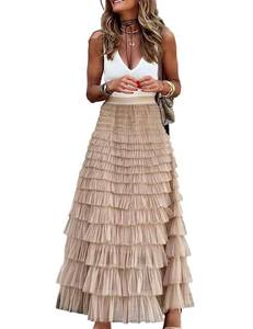 lot 3374 image: Long Tulle Skirt for Women Trendy High Waisted A Line Fluffy Fairy Mesh Layered Ruffle Skirt(Khaki, M)