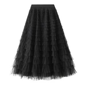 lot 3380 image: Dirholl Womens A-Line Fairy Patterned Elastic Waist Ruffle Tulle Layered Midi Skirt Tutu B Black