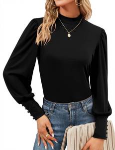 lot 3401 image: Qirno Womens Mock Neck Long Sleeve Blouse Casual Bishop Sleeve Solid Basic T Shirt Loose Pullovers Tunic Tops Black Small