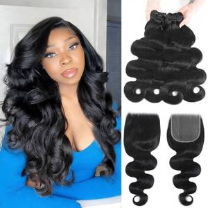 lot 3418 image: Body Wave Bundles Human Hair with Closure 18 20 22 2416Inch 5X5 HD Lace Closure 15A Body Wave 4 Bundles Human Hair More Full and Thick 100% Brazilian Virgin Human Hair Extensions Quick Weave Bundles Retail$159