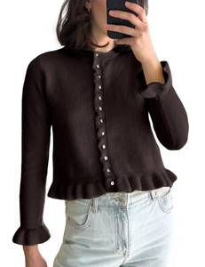 lot 3421 image: Wyeysyt Womens Cropped Cardigan Sweaters Ruffle Hem Crewneck Button Down Knit Fall Sweater Long Sleeve Soft Cardigan Tops(Brown-L)