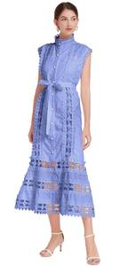 lot 3429 image: LAI MENG FIVE CATS Womens Sleeveless Hollow Out Lace Button Up Casual Midi Party Dress with Belt Blue M