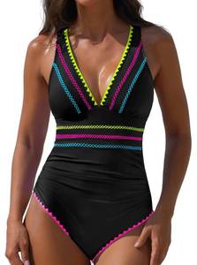 lot 3431 image: popvil Modest One Piece Swimsuits for Women 2026 Tummy Control Neon Bathing Suit with Adjustable Strap, Black, X-Large