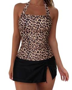 lot 3434 image: SUUKSESS Women Sexy Two Piece Tummy Control Tankini Swimsuit Halter Neck Slimming Swimwear 2025 Color Block Backless Bathing Suit (Leopard Black,X-Large)