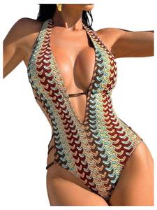lot 3444 image: Verdusa Womens Boho Geo One Piece Swimsuit Tie Backless Halter Bathing Suits Summer Hawaiian Outfits Blue and Brown Medium