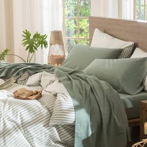 lot 3451 image: MooMee Bedding Sheet Set 100% Washed Cotton Linen Like Textured Breathable Durable Soft Comfy (Heathered Green, Queen)