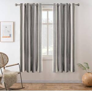 lot 3454 image: DriftAway Farmhouse Curtains for Living Room Vertical Striped Linen Curtains Semi Sheer Light Filtering Grommet Window Treatments, 63 Inches Long, 2 Panels, Black on Beige
