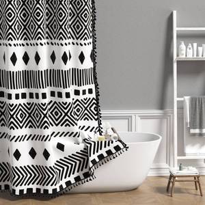 lot 3458 image: AOFOTO Bohemian Shower Curtain Black and White Geometric Design Shower Curtains with Black Tassel Boho Pattern Shower Curtains for Bathroom Waterproof Fabric Bath Curtain Sets with Hooks 70x84 Inches