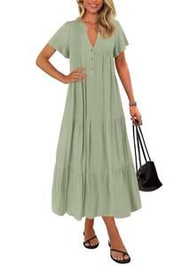 lot 3459 image: KIRUNDO Summer Maxi Dresses for Women 2026 Spring Fashion Short Sleeve Button V Neck Pleated Loose Tiered Swing Flowy Dress(Bean Green, Large)