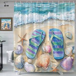 lot 3465 image: Flip Flops Shower Curtain Tropical Beach Cool Slipper Ocean Vacation Colorful Sand Flip Flops Sand Starfish Seashell Summer Seaside Hawaii Scenery Polyester Bathroom Curtains Set with Hooks 70x70Inch
