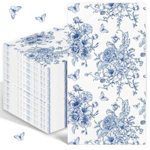 lot 3467 image: 100PCS Blue Floral Napkins Disposable Hand Towels for Bathroom 3 Ply Blue and White Paper Napkins Decorative Flower Guest Napkins Chinoiserie Napkins for Wedding Bridal Shower Birthday Cocktail Party