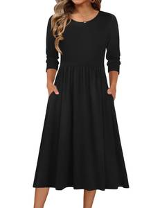 lot 3468 image: Zeagoo Womens Black Mid Length Casual High Waist Trapeze Dress 34 Sleeve Solid Color Simple Tunic Shift Dresses Pleated Beach Sundress with Pockets,M