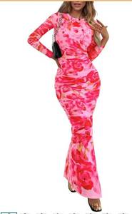 lot 3479 image: PRETTYGARDEN Womens Bodycon Maxi Dress Fall Spring Fashion Long Sleeve Floral Print Tight Fitted Party Club Ruched Dresses (Print Pink,Medium)