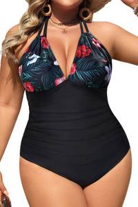 lot 3481 image: Aqua Eve Plus Size Swimsuits One Piece Bathing Suit for Women Tummy Control Sexy Halter Swimwear Black Floral 14W