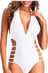 lot 3482 image: Tempt Me Women One Piece Swimsuits Sexy Cutout Bathing Suits Plunge Halter Swimwear Deep V Neck Monokini L