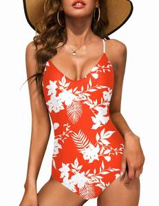lot 3485 image: Ekouaer One Piece Swimsuits Women Bathing Suit V Neck Swimwear Tummy Control Monokini Cross Backless Swimming Suits(Orange Floral, Medium)