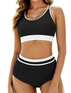 lot 3487 image: Arolina Bikini Sets for Women High Waisted Cheeky Two Piece Tummy Control Swimsuits Sporty Color Block Bathing Suits Black1 S