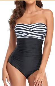 lot 3489 image: Smismivo Tummy Control Swimwear Strapless One Piece Swimsuit Ruched Bathing Suits for Women Slimming Bandeau Tube Top Bikini L