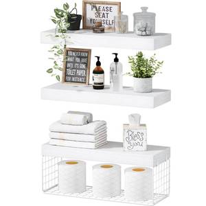lot 3493 image: QEEIG Bathroom Shelves Over Toilet - Wall Mounted Floating Shelves Toilet Paper Storage Small Farmhouse Decor Shelf 16 inch Set of 3, White (019-W3)