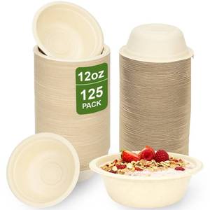 lot 3509 image: Neyimqr 125 Pack 12 OZ Paper Bowls, Natural Compostable Disposable Soup Bowls, Eco-Friendly Bagasse Serving Plates and Bowls for Hot Food or Cold Use