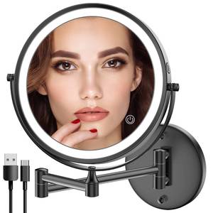 lot 3541 image: Rocollos Rechargeable Wall Mounted Lighted Makeup Mirror, 8 Inch Double-Sided LED Vanity Mirror 1X10X Magnification,3 Color Lights Touch Screen Dimmable 360°Swivel 13 Inch Extendable