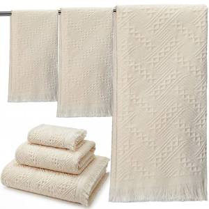 lot 3544 image: CrystalSylara 6 Pack Boho Bath Towels Set100% Cotton Luxury Decorative Towels Bathroom 2 Bath Cloth 2 Hand Cloth and 2 Wash Cloths Soft Absorbent Quickly Dry Decor Guest Gift(Classic,Milky White)