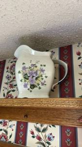 lot 40022 image: White Ceramic Pitcher Set with Purple Floral Pattern